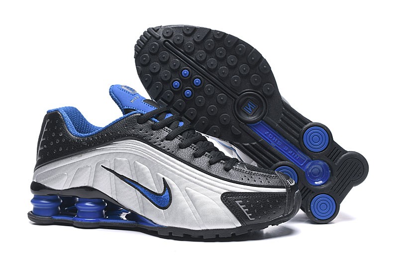 grey and blue nike shox